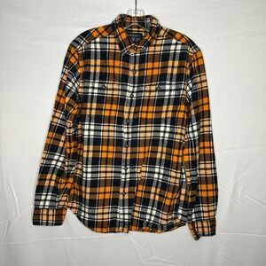 American Eagle Orange & Navy Plaid Button Down Flannel